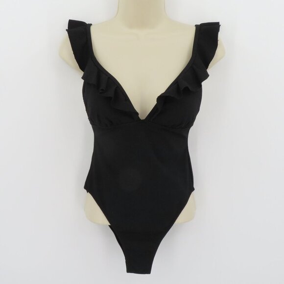 J Crew Women 2 Solid Black Puckered One Piece Swimsuit Ruffle Straps V Neck - Picture 11 of 11